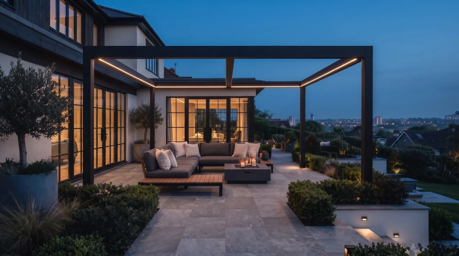 Terrasse au crépuscule avec pergola bioclimatique noire à LED, salon d'extérieur en pierre et végétation éclairée avec vue sur la ville, Toulouse