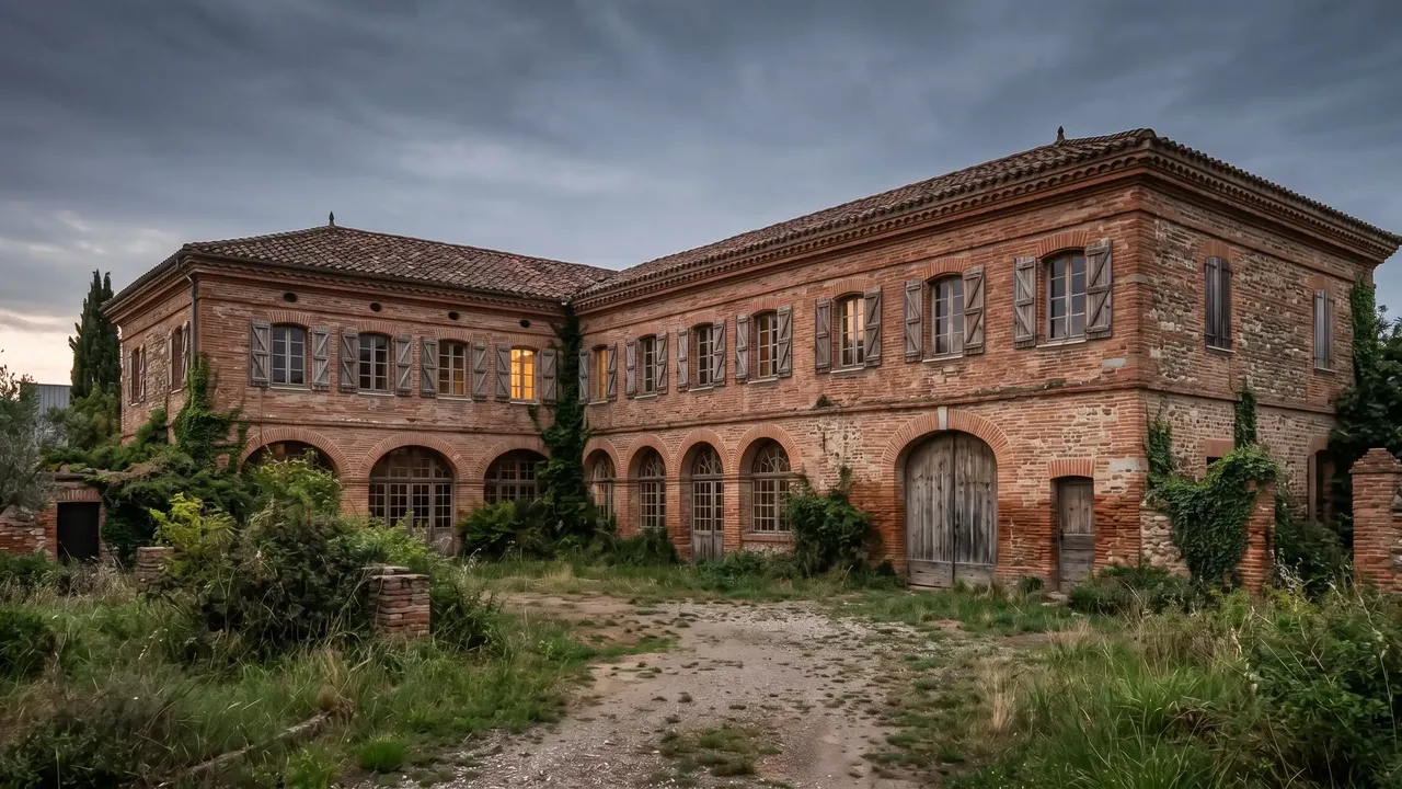 Ancien bâtiment en brique rose à arcades, avant transformation