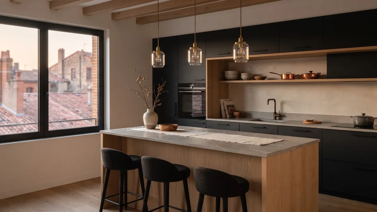 Cuisine rénovée avec îlot en bois et pierre, façades noires, poutres apparentes et vue sur les toits de Toulouse