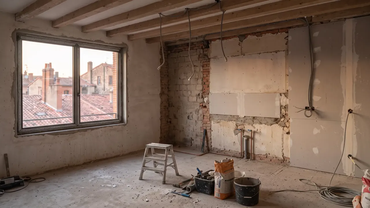 Pièce en chantier avec cloisons ouvertes, câbles apparents et poutres au plafond, fenêtre sur les toits de Toulouse