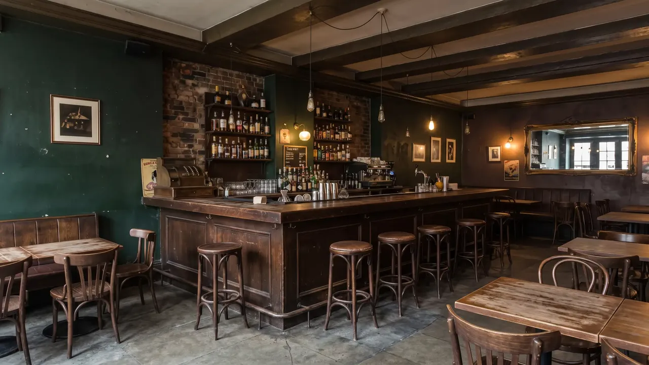 Salle de bar-restaurant avant rénovation, murs verts, comptoir en bois et tabourets