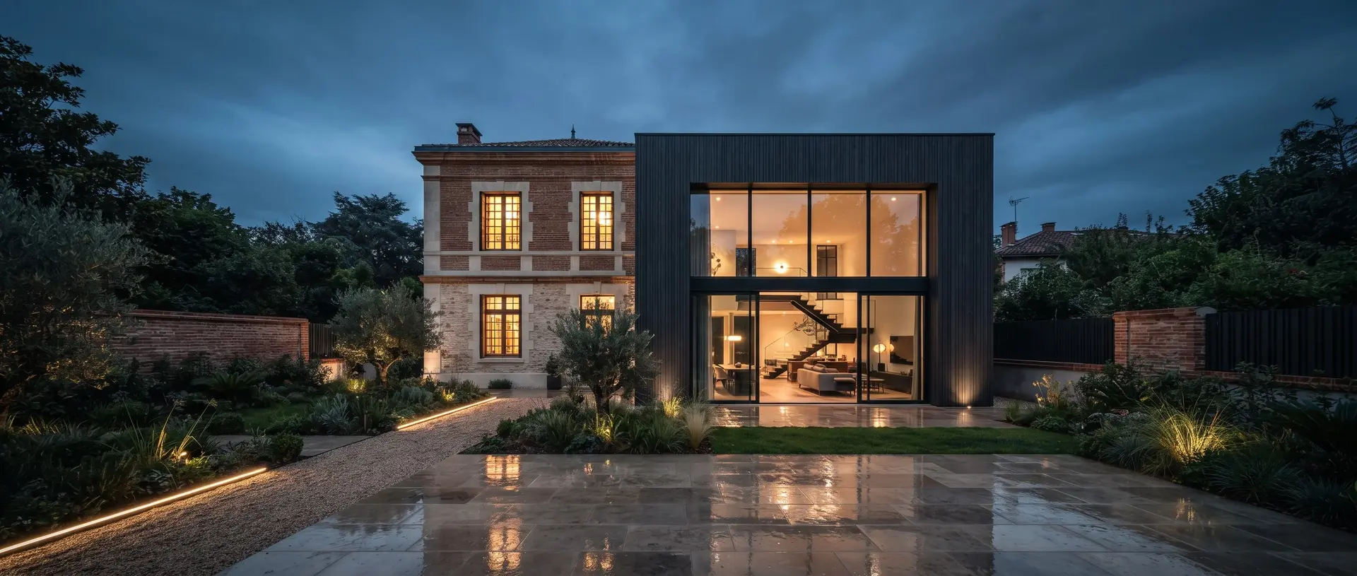 Maison de maître en brique rose du XIXe rénovée avec extension cubique noire vitrée et jardin paysager éclairé, heure bleue, Toulouse