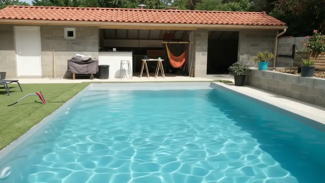 Piscine rectangulaire terminée devant son local annexe, réalisée par Experts Travaux