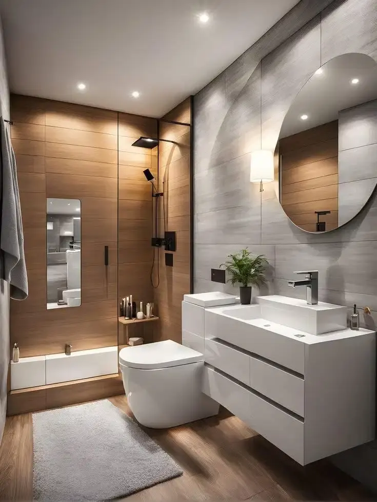 Salle de bain avec baignoire et douche vitrée, sol et bandeau en carrelage effet bois, fenêtre et tapis