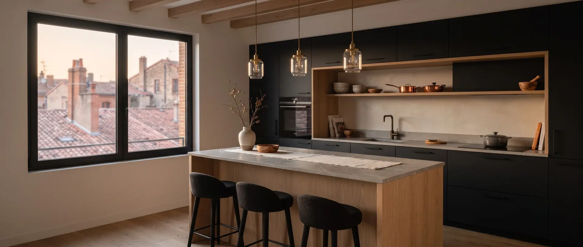 Cuisine rénovée avec îlot en pierre et chêne, façades noires mates, poutres apparentes et grande fenêtre sur toits de tuiles au couchant, Toulouse